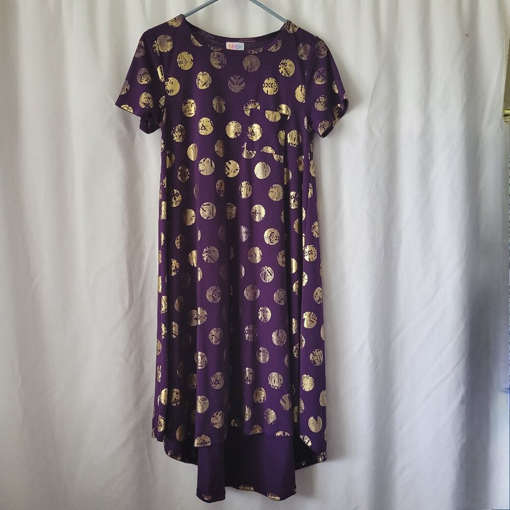 LuLaRoe Carly Dress Purple Gold Medallions XS stretchy Simply Comfortable Hi-Low
